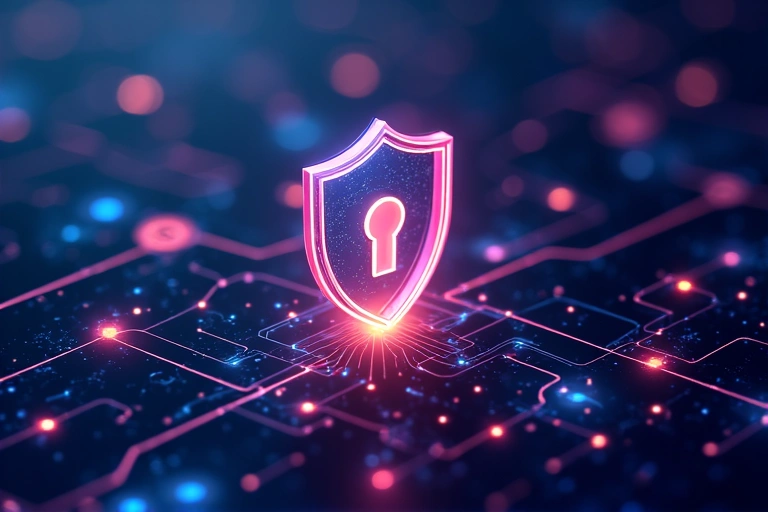 A secure digital environment with glowing shield icons and intertwined lines, representing data protection and cybersecurity.