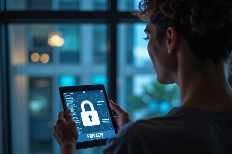 A person looking at privacy policy on a tablet, with a stylized lock icon on the screen, reflecting data security.