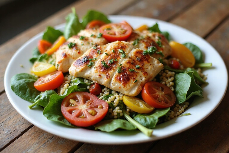 A beautifully arranged plate of healthy, colorful food, like a salad with grilled chicken, quinoa, and various vegetables, on a wooden table.