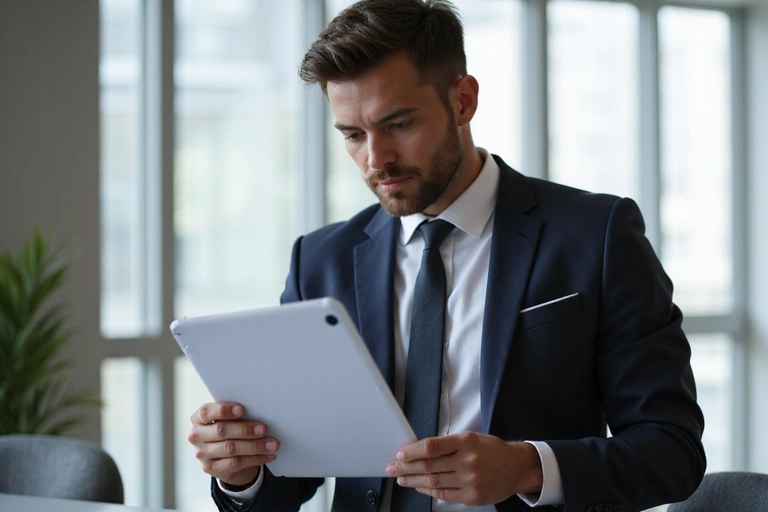 Person reading a legal document on a tablet, symbolizing acceptance of terms.